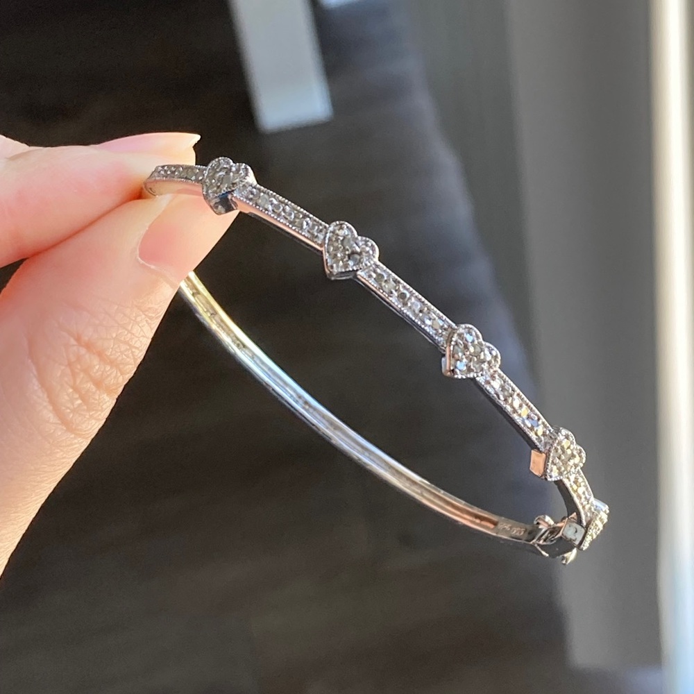 Vintage Heart Rhinestone Sterling Silver Bangle Bracelet